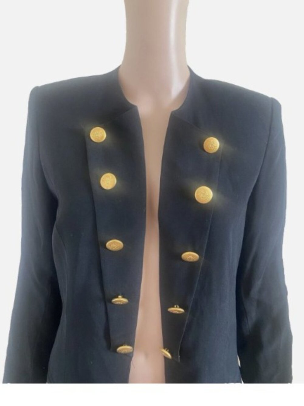 VINTAGE JEREMY SPENSER Black 100% Silk Gold Button Military Blazer Jacket Size 8 - Picture 3 of 4